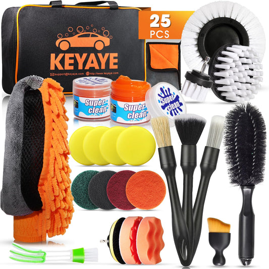 - KEYAYE 25 Pcs Car Cleaning Kit | Car Detailing Kit | Ultra-Soft Car Detailing Brushes | Car Washing Kit with Microfibre Cleaning Cloth -