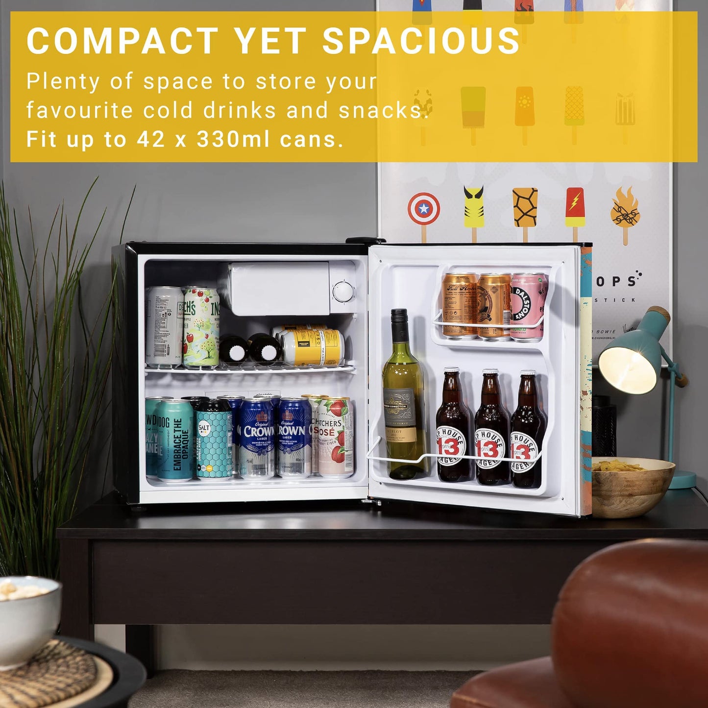 - Kuhla | 45 Litre Mini Fridge With Ice Box | Stylish Design, Inc Adjustable Thermostat, Door Racks and Removable Shelf -