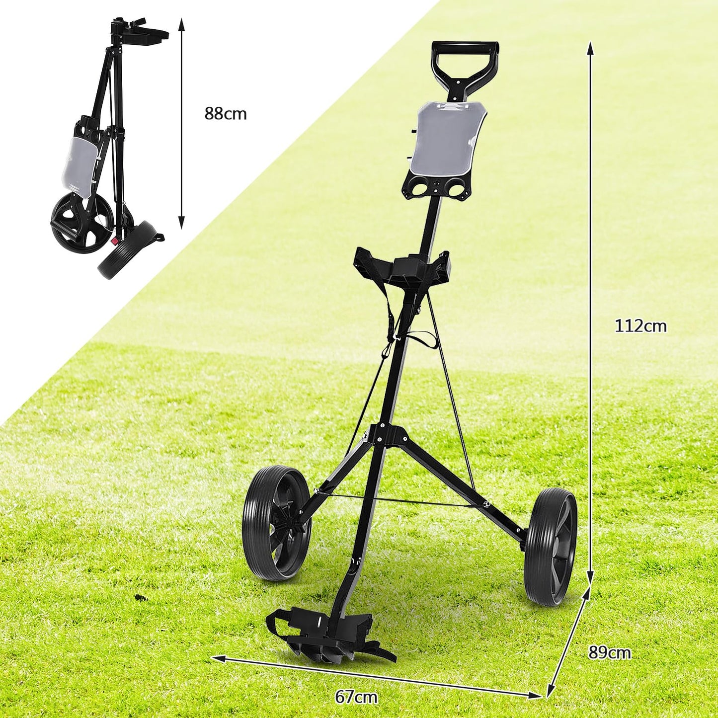 COSTWAY Folding Golf Push Pull Cart, Lightweight 2 Wheels Golfs Bag Trolley with Convenient Handle, Scoreboard Holder and Foot Brake, Black