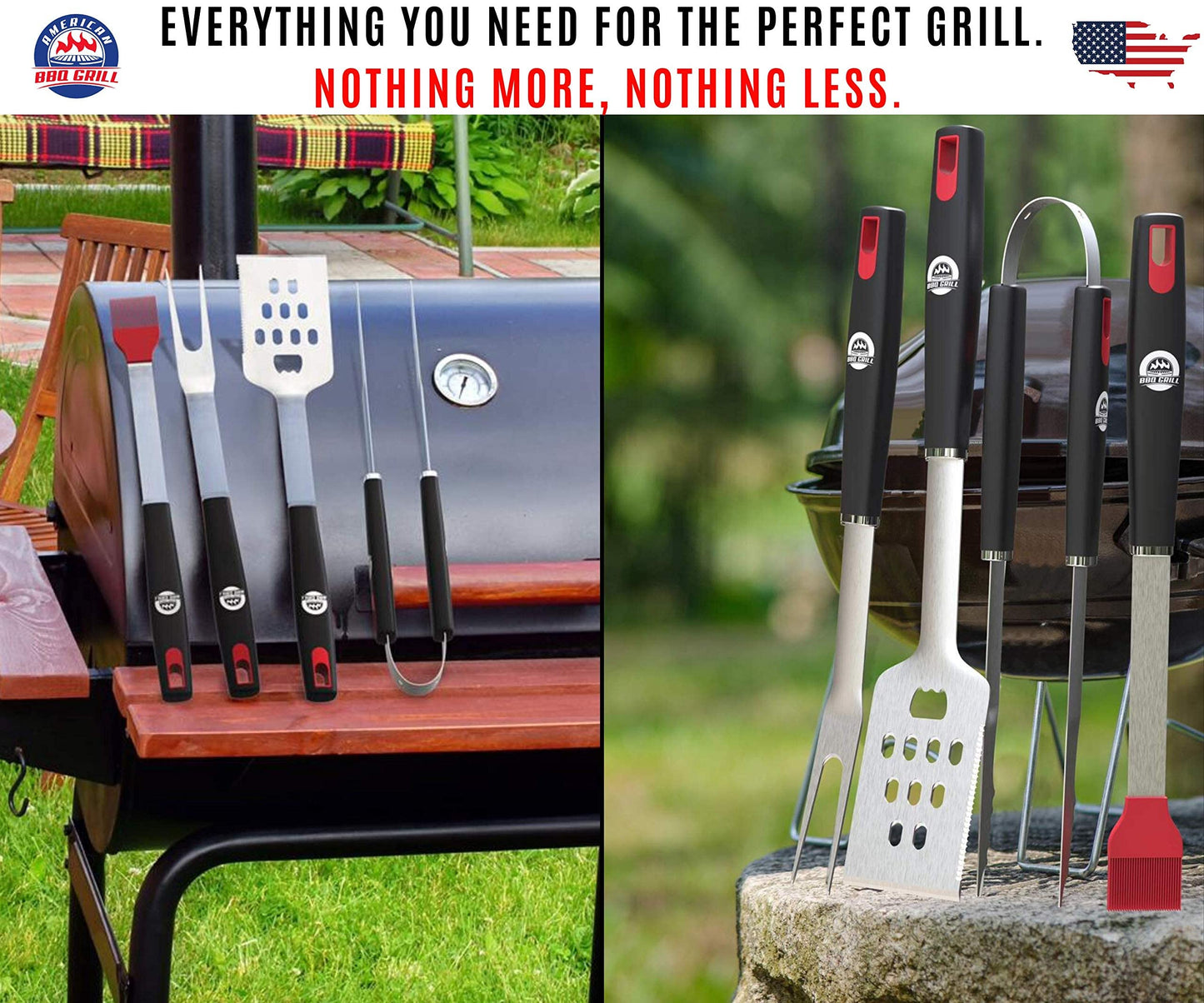 BBQ Tools Sets - Premium Barbecue Utensils - 4 Piece Grill Kit: Spatula, Tongs, Fork and Basting Brush - Best Heavy Duty Stainless Steel Case BBQ Accessories for Him - 10 Year Warranty