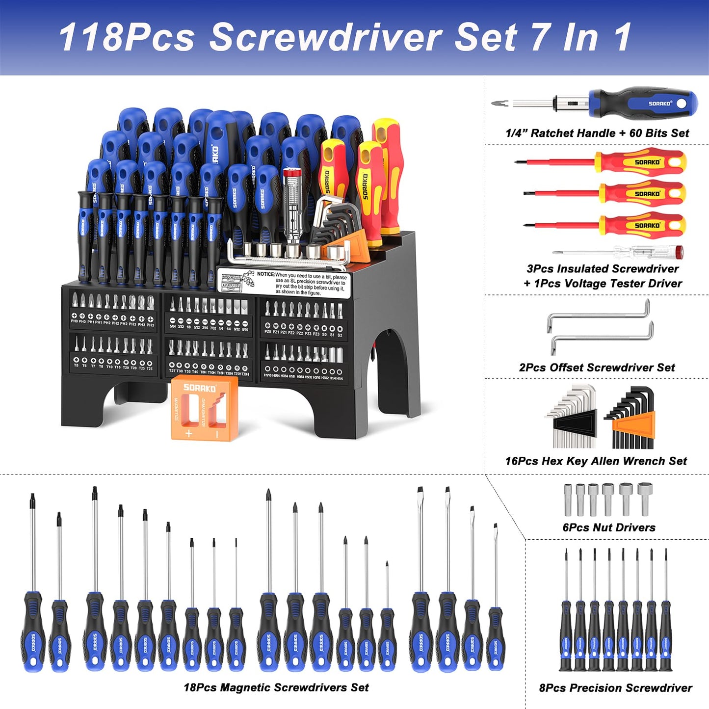 - SORAKO 118Pcs Screwdriver Set Magnetic | Including Ratchet Screwdriver -