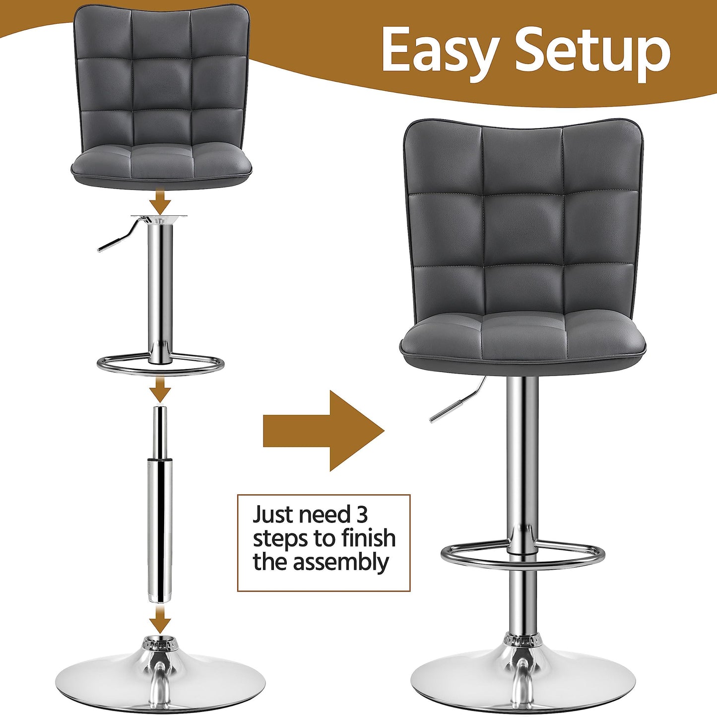 - Yaheetech Modern Bar Stools Set of 2 PU Leather Height Adjustable Swivel Bar Chair.