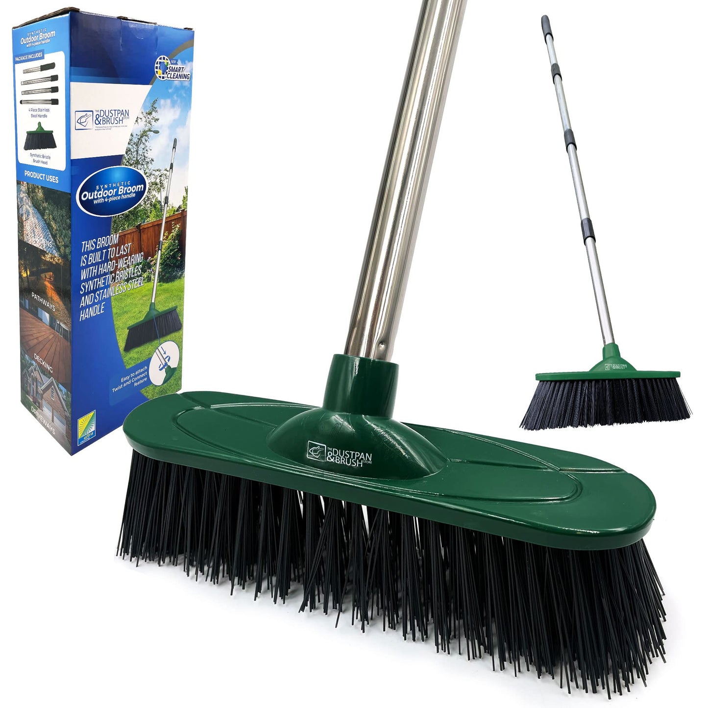 - Yard Broom Outdoor Heavy Duty, 10” Synthetic Hard Bristle Brush Head and 4-Sections Stainless Steel Handle, Stiff Sweeping Broom for Cleaning Gardens, Yards, and Driveways