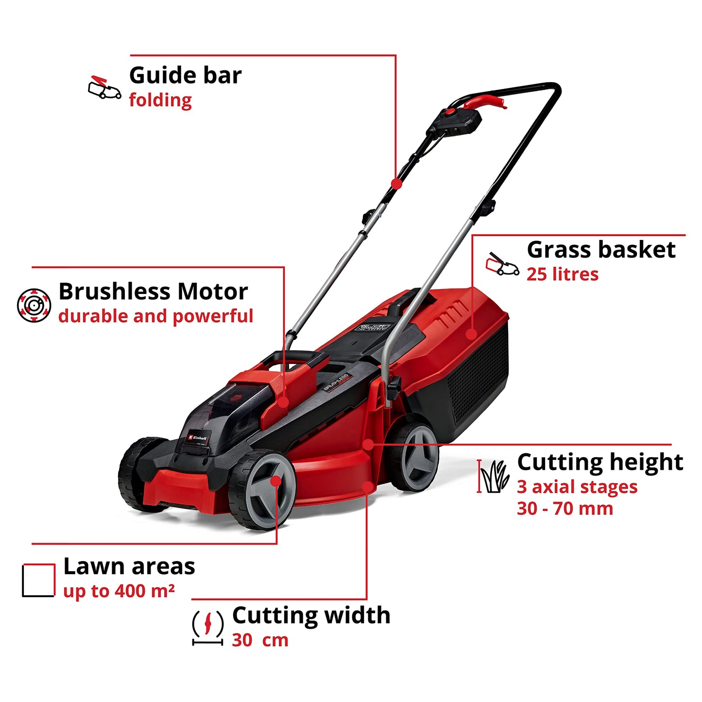 - Einhell Power X-Change 18/30 Cordless Lawnmower With Battery and Charger | 18V | Brushless Motor | 30cm Cutting Width | 25L Grass Box | 3 Cutting Heights -