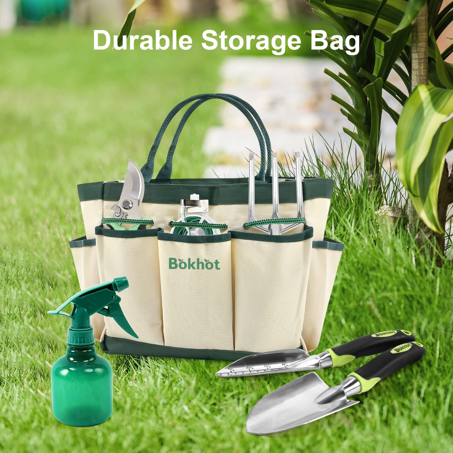 Bokhot Garden Tools Set Gardening Hand Tool Gift Kit with Heavy Duty Tool Bag for Easy Storage, Gardening Gifts for Outdoor Women & Men, Green (PG023)
