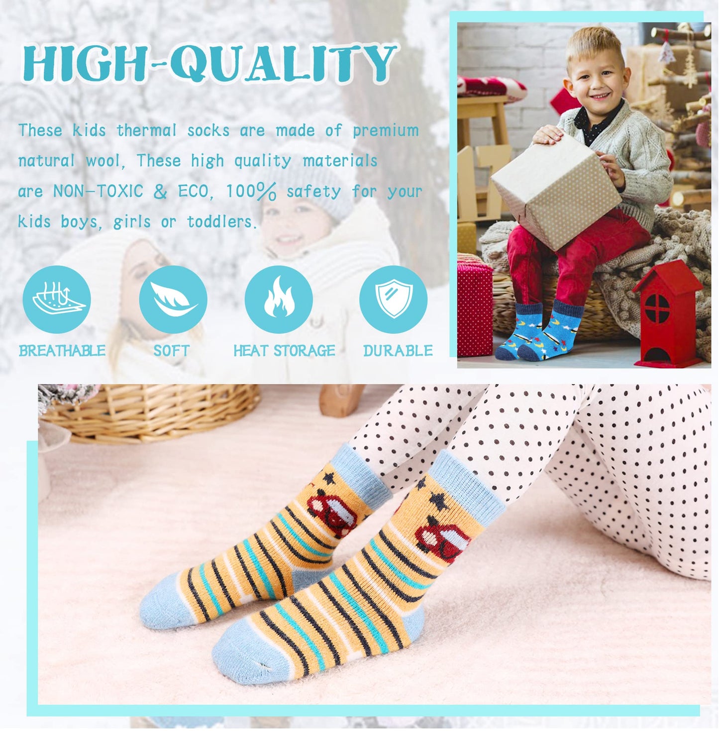 - Eocom Kids Wool Socks For Boys Girls | Warm Hiking Thermal Winter Toddlers Crew Boot Socks | 6 Pairs | ( 1-3 Years) -