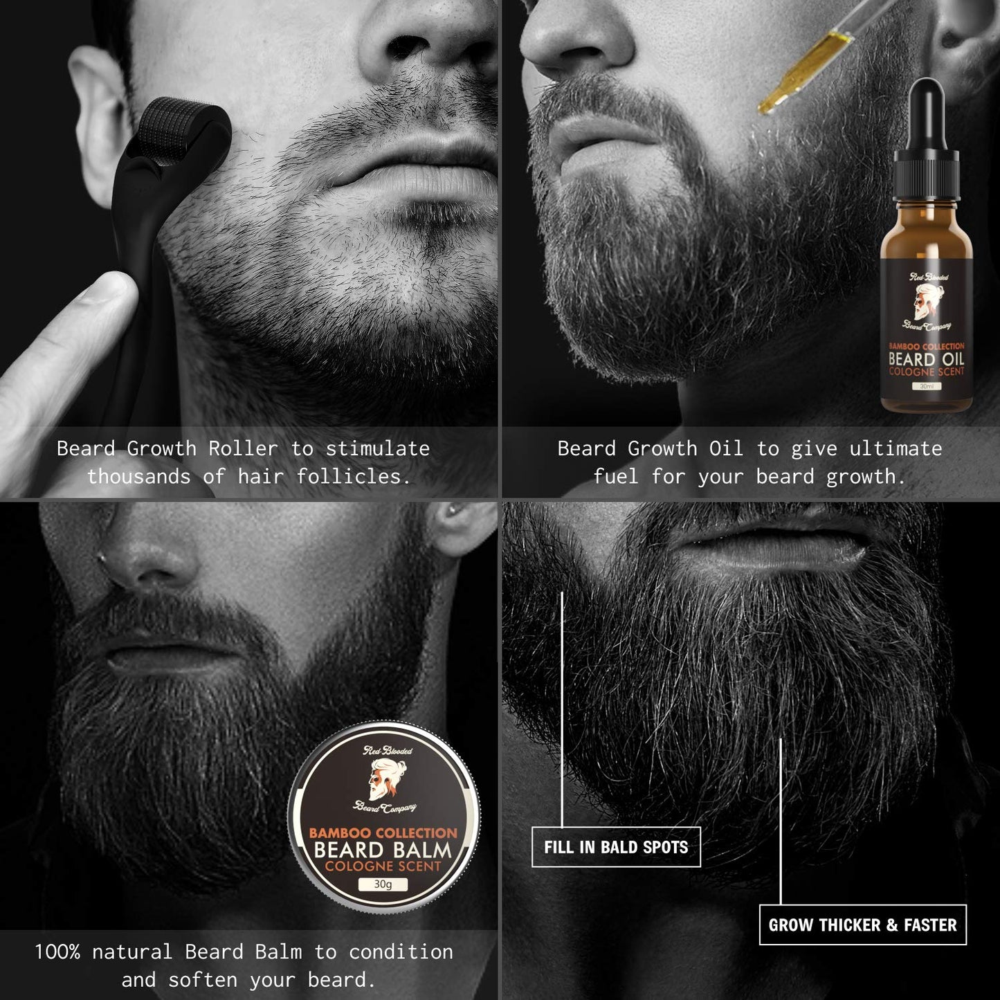 - Red-Blooded Beard Growth Kit | Beard Roller + Beard Oil + Beard Balm -