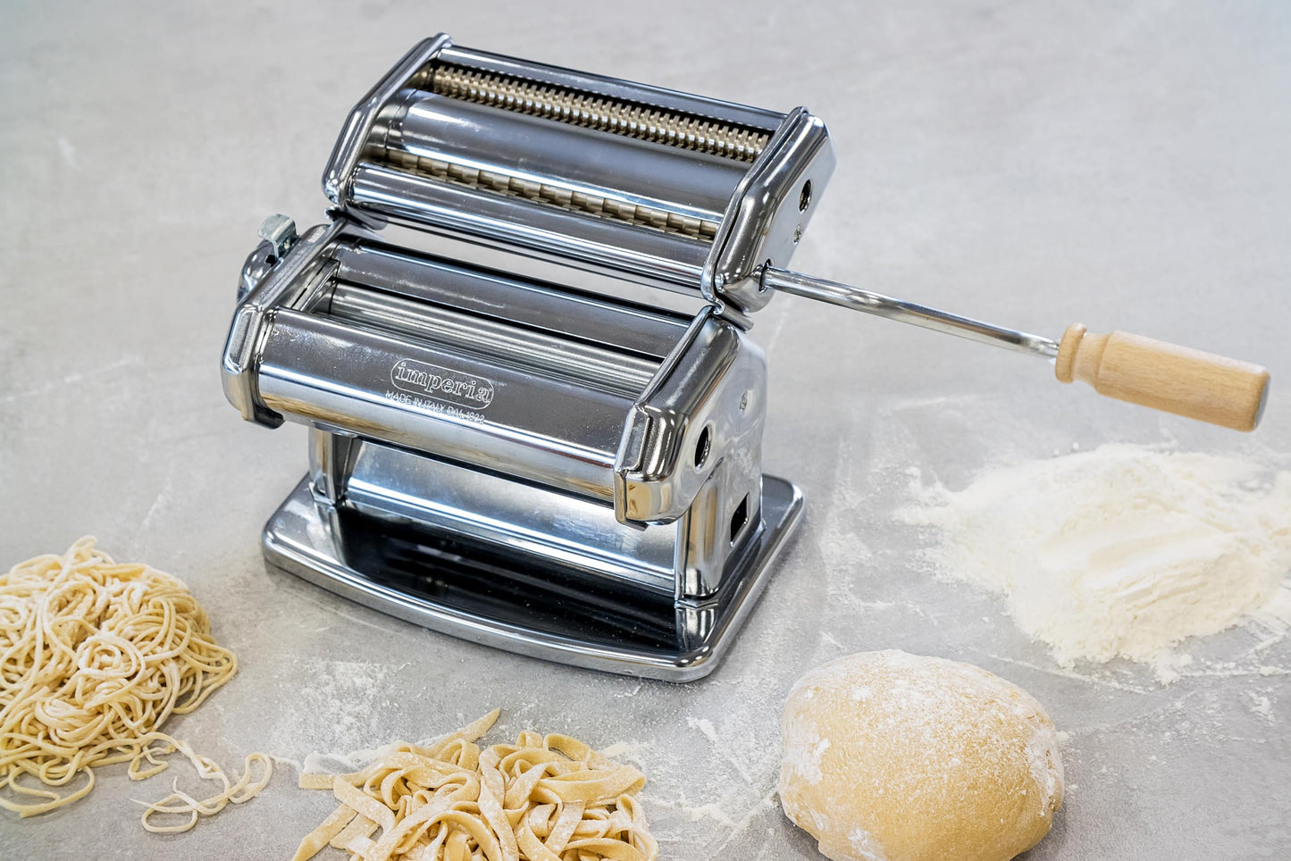 - Imperia Italian Double Cutter Pasta Machine | Homemade Pasta Maker with Detachable Wooden Handle | Adjustable Dial with Six Thickness Settings -