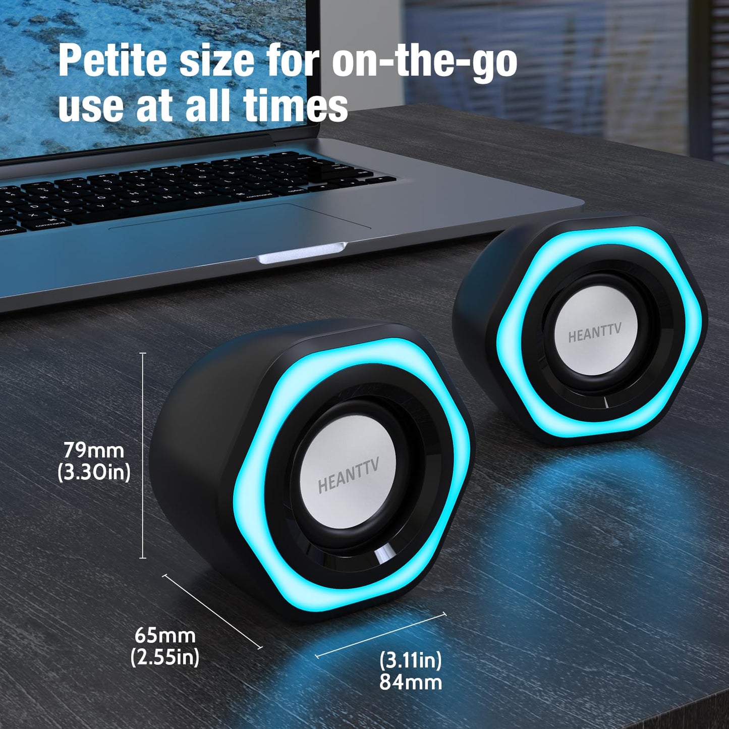 - HEANTTV Computer Speaker | PC Speakers for Desktop Monitors | 2.0 Stereo Volume Control with LED Light | USB Powered & 3.5 mm jack -