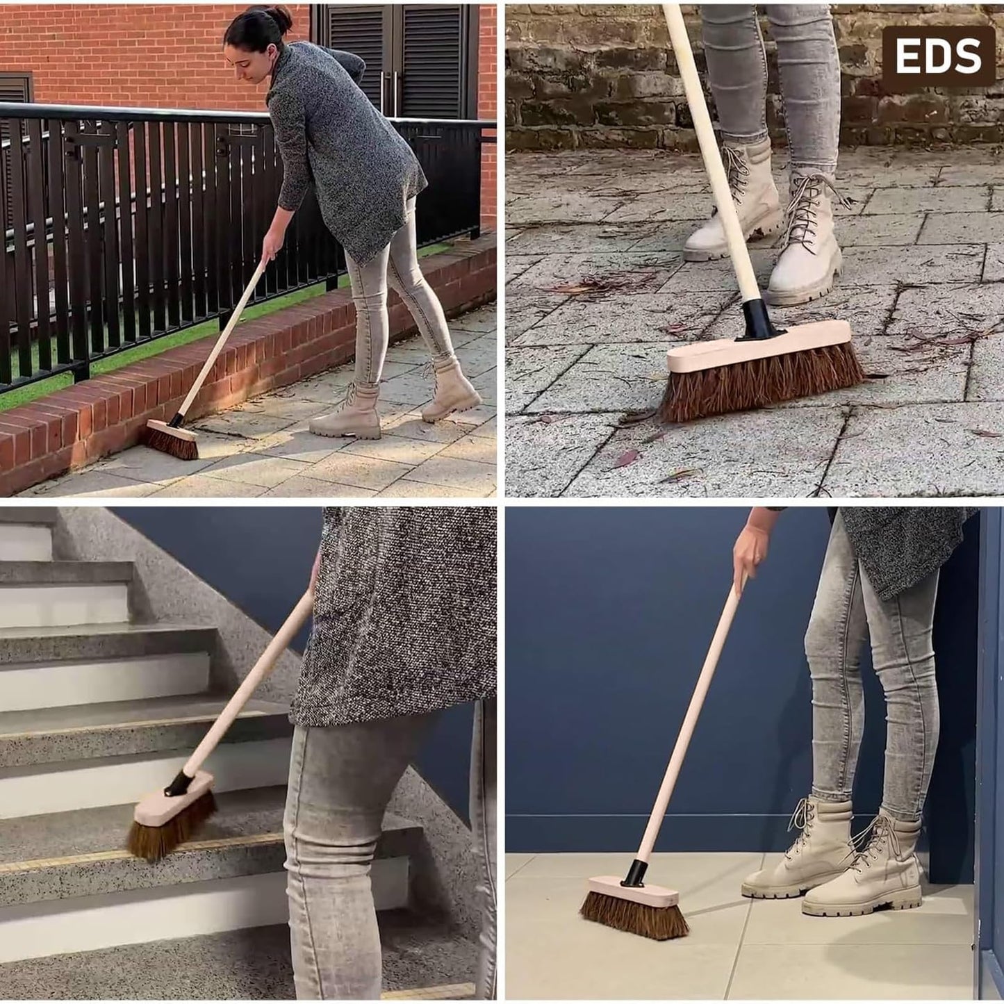 10” Garden Broom Outdoor with Wooden Handle Natural Stiff Bassine Hard Bristle Broom with Durable Support Bracket Yard Brush Heavy Duty Broom Outdoor Stiff Sweeping Yard Brush (Pack of 1)