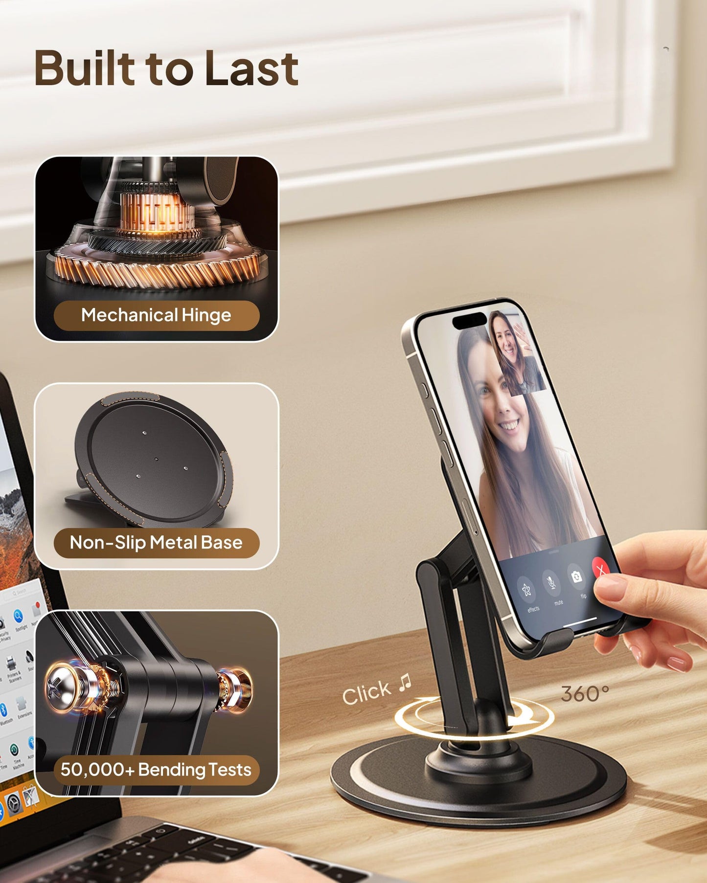 Cooper 360° Stand - Adjustable Mobile Phone Stand for Desk | 360° Click-Rotating Mobile Phone Holder for Desk, Multi-Angle, Non-Slip Metal Base | iPhone Stand Desk, iPhone Holder Filming (Piano Black)