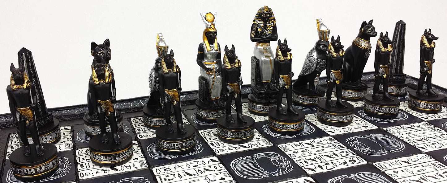 - HPL Egyptian Anubis Chess Set Black Silver and Gold Men | 16" Hieroglyphic Board -