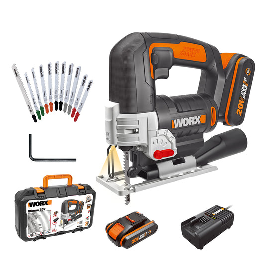 - WORX 18V(20V MAX) 24mm Cordless Jigsaw WX543.2, PowerShare, 4 Position Pendulum, Quick Blade Change, LED Light, 1 Battery Included, 10pcs Jigsaw Blades Included