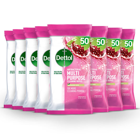 Dettol Antibacterial Surface Cleaning Wipes, Pomegranate, Total 400 Wipes (8 Packs X 50), Anti Bac Wipes, Multi Purpose Wipes, Kills 99.9 Percent of Germs, Disinfectant Wipes