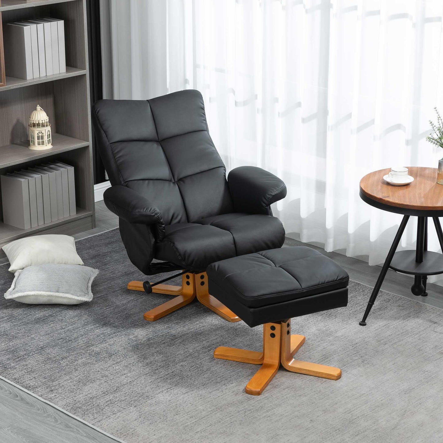 - HOMCOM Faux Leather Swivel Recliner Chair | Footstool | Wooden Base -