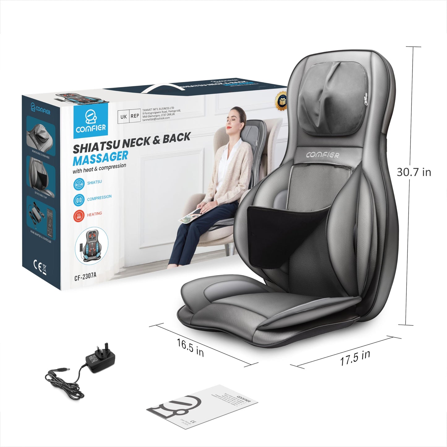 COMFIER Shiatsu Back Massager with Heat -Deep Tissue Kneading Massage Chair, Massage Chair Pad for Full Back, Chair Massager for Home or Office Chair use (dark grey), Gifts for Women,Men