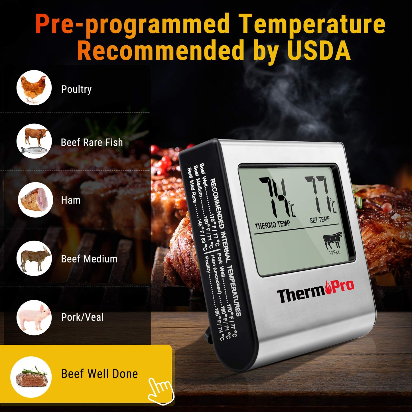 - ThermoPro TP16 Digital Meat Cooking Thermometer | Stainless Steel Long Food Temperature Probe -