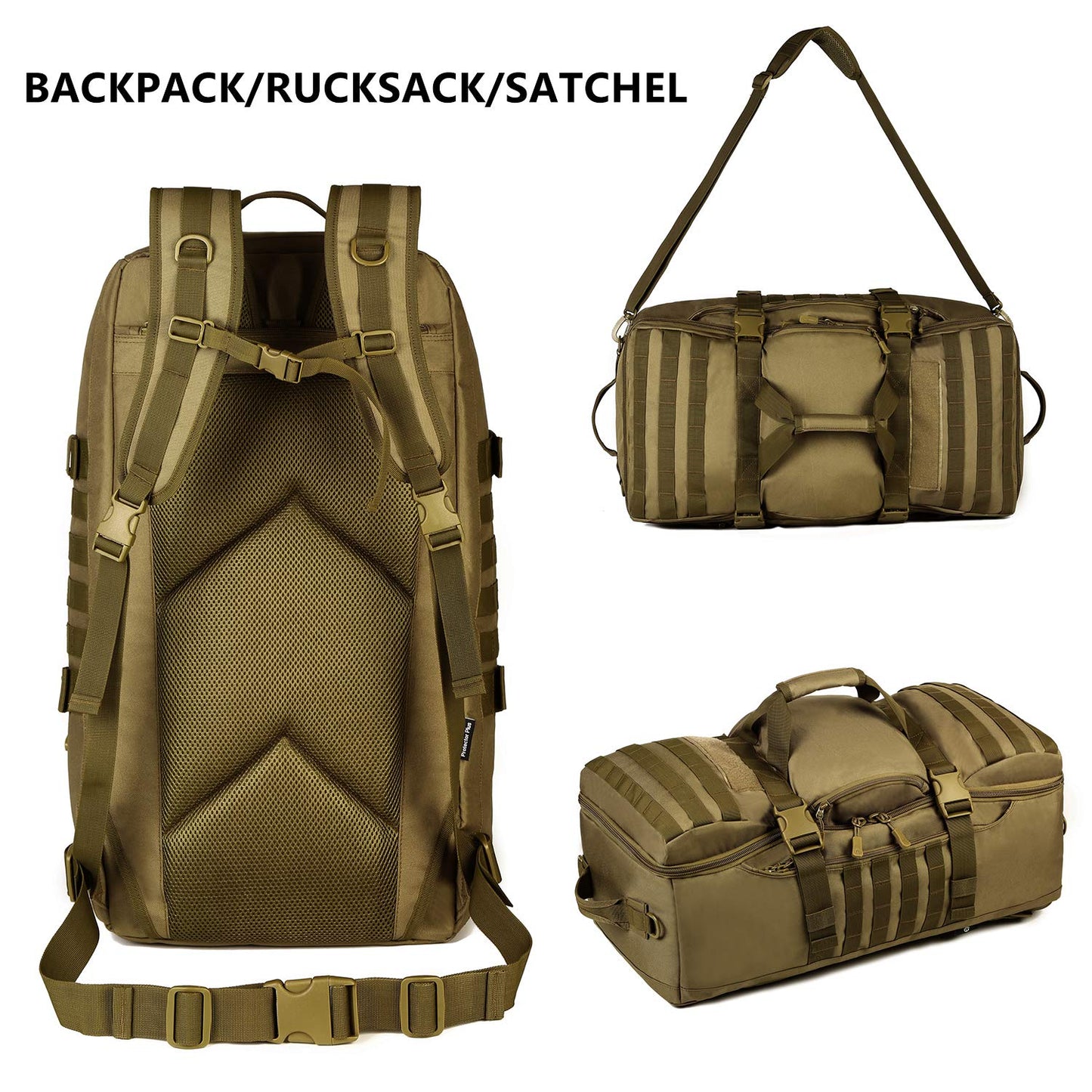 - Protector Plus Tactical Travel Backpack | 60L | Military MOLLE Duffel Bag | Brown -