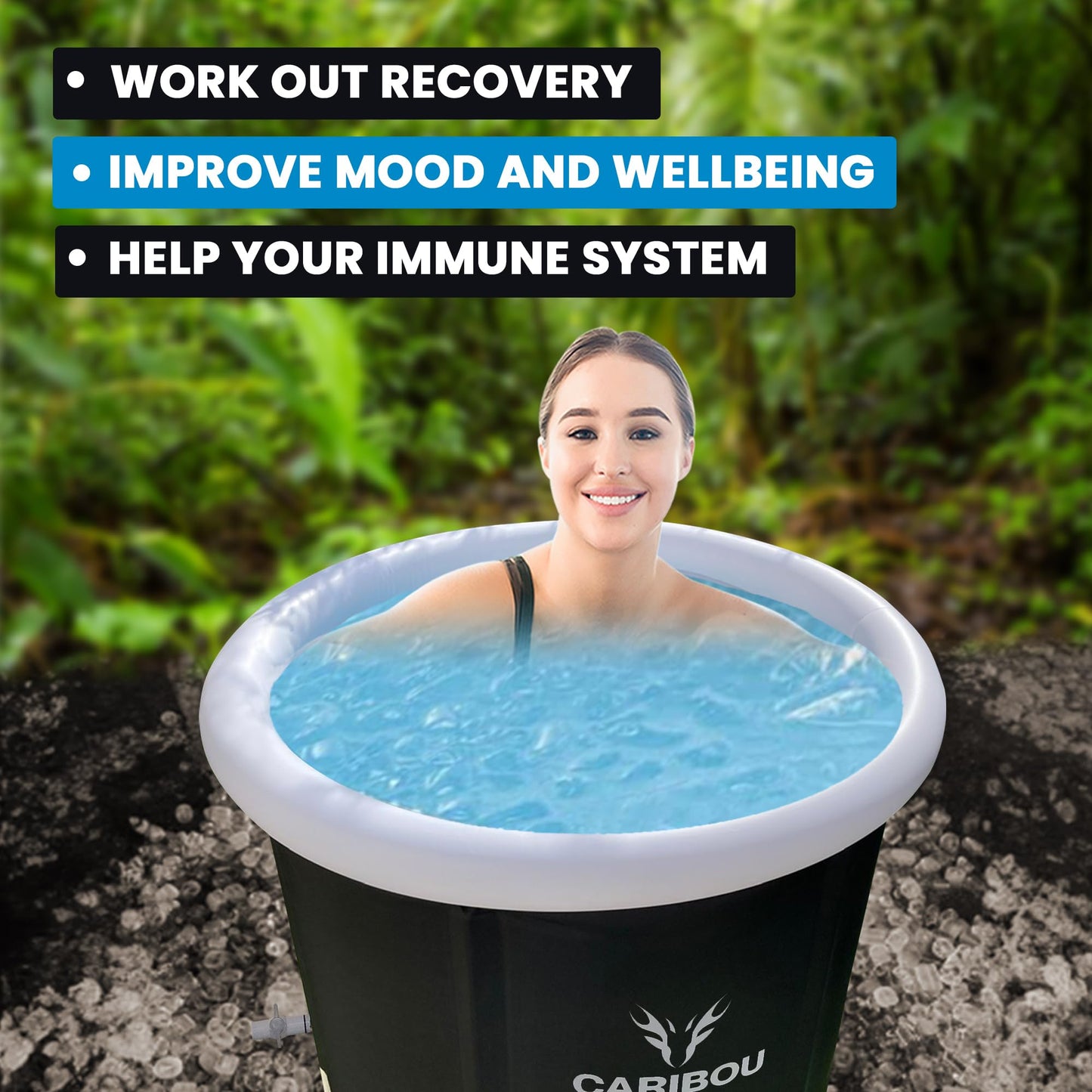 Caribou Life Ice tub bath. Portable Ice Tub 75x75cm. Adult cold tub for recovery and therapy. 5 layers. Lid and bag included.
