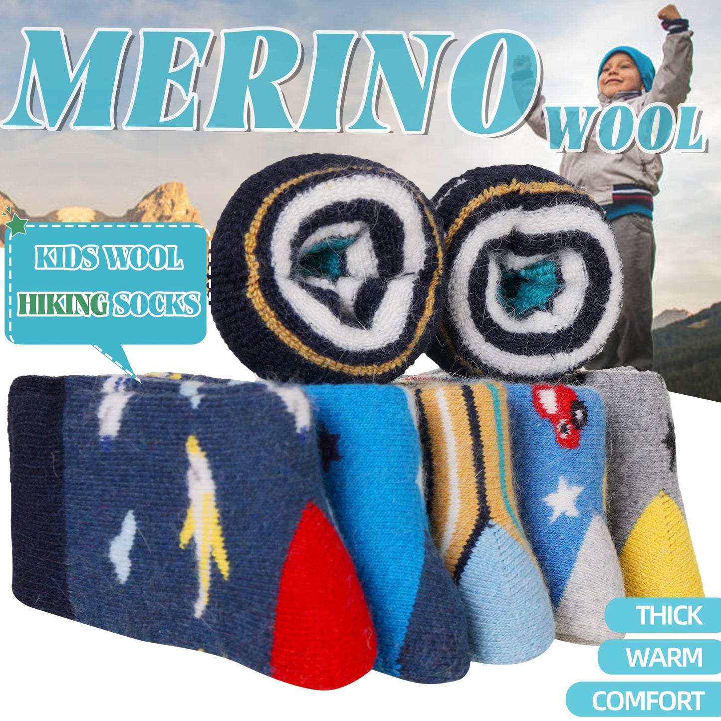 - Eocom Kids Wool Socks For Boys Girls | Warm Hiking Thermal Winter Toddlers Crew Boot Socks | 6 Pairs | ( 1-3 Years) -