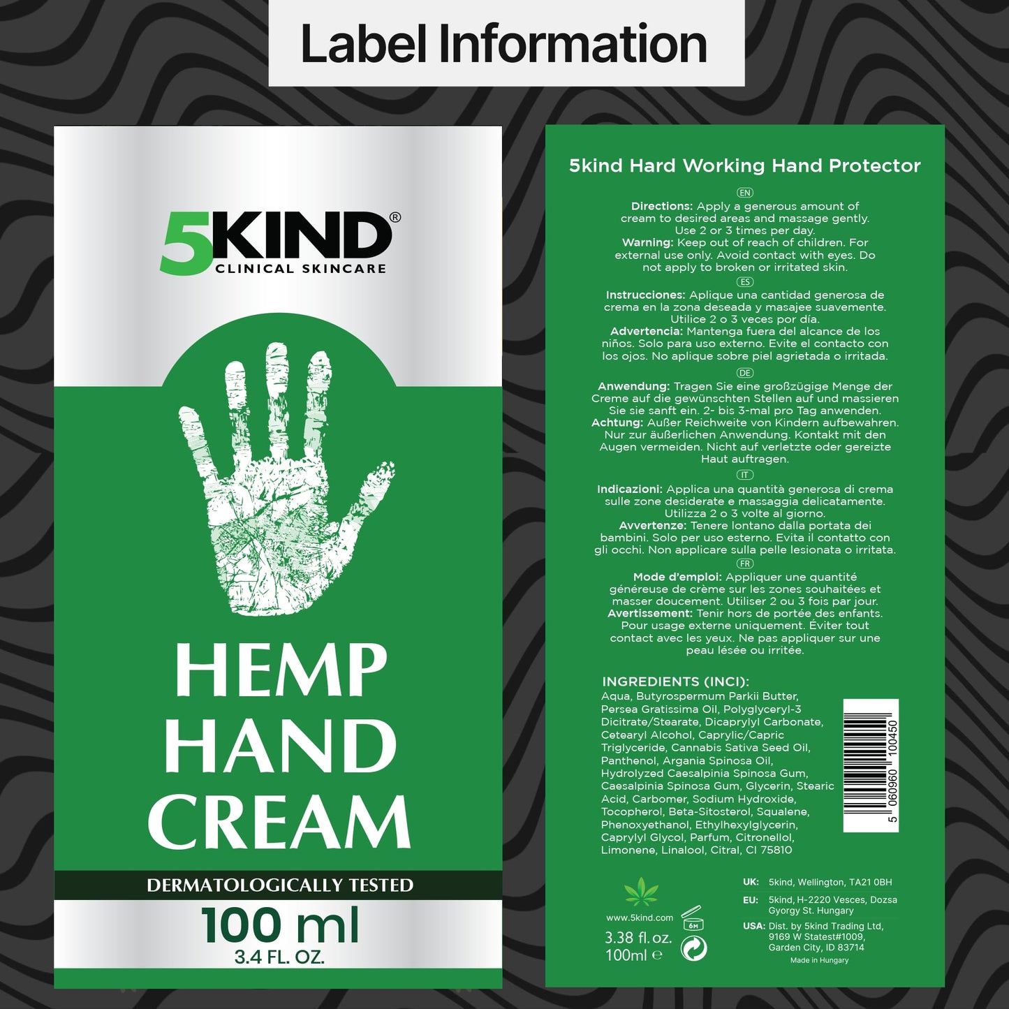 5kind Hemp Cream for Hands 100ml - Intensive Hemp Hand Cream - High Strength Working Hands Cream - Professional Women & Mens Hand Cream for Dry Hands - Natural Hand Cream