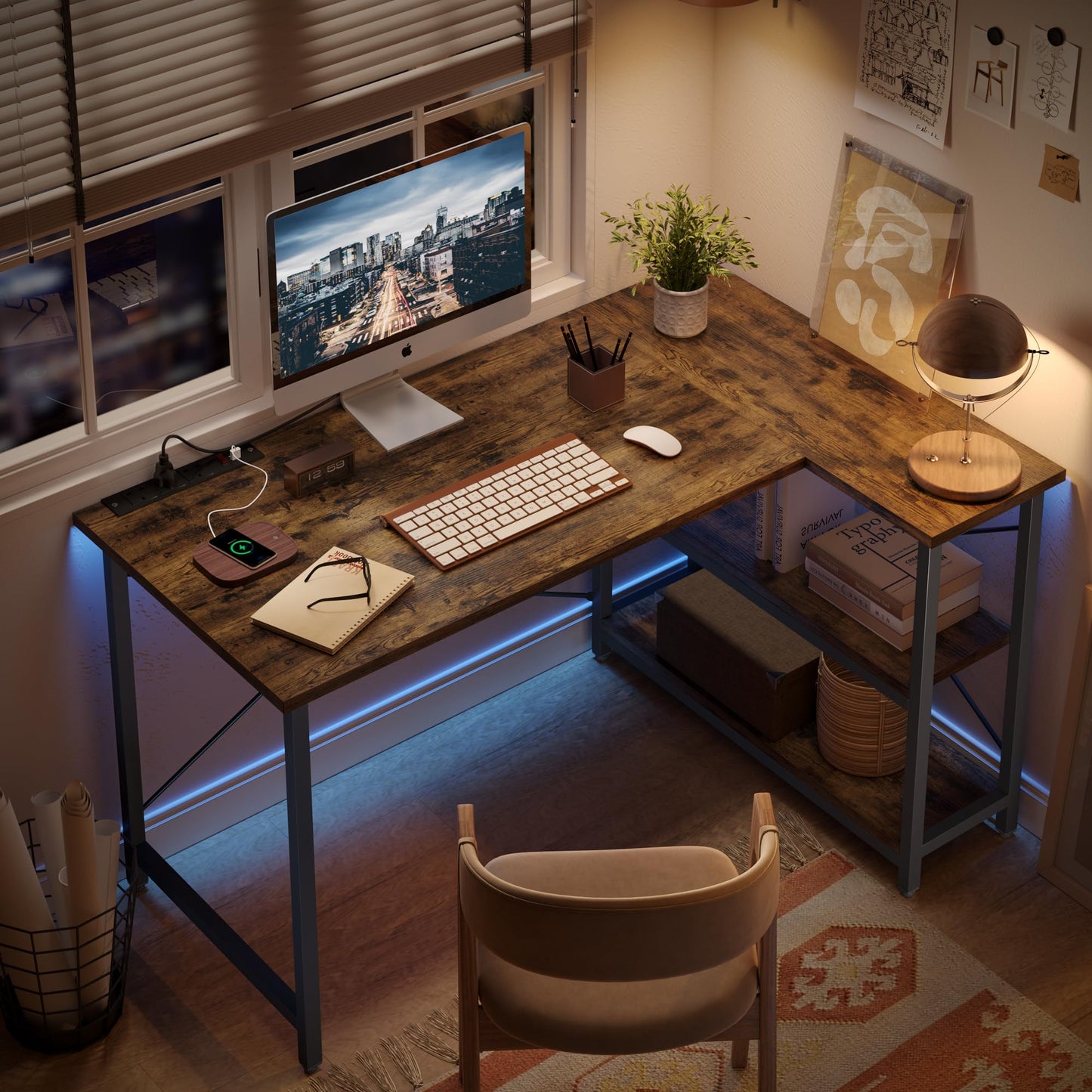 Bestier 120 x 90CM Wider Desktop L Shaped Desk with Power Outlets Small Corner Desk with Shelves Reversible Computer Desk Writing Table with Bookshelf for Home Office Small Space