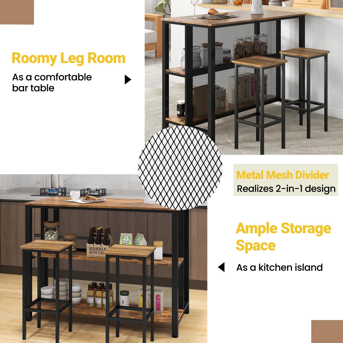 - TANGZON 3-Tier Bar Table | Metal Frame Rectangular Kitchen Table -