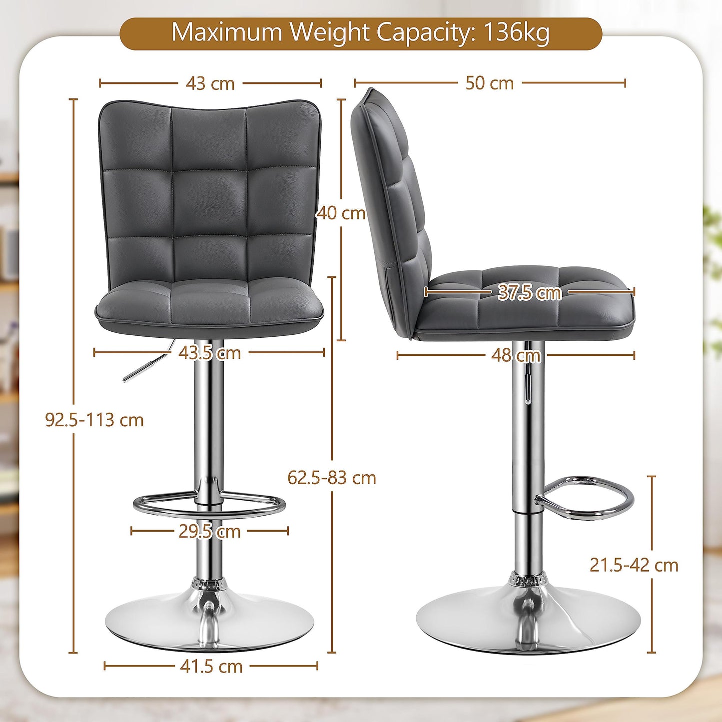 - Yaheetech Modern Bar Stools Set of 2 PU Leather Height Adjustable Swivel Bar Chair.