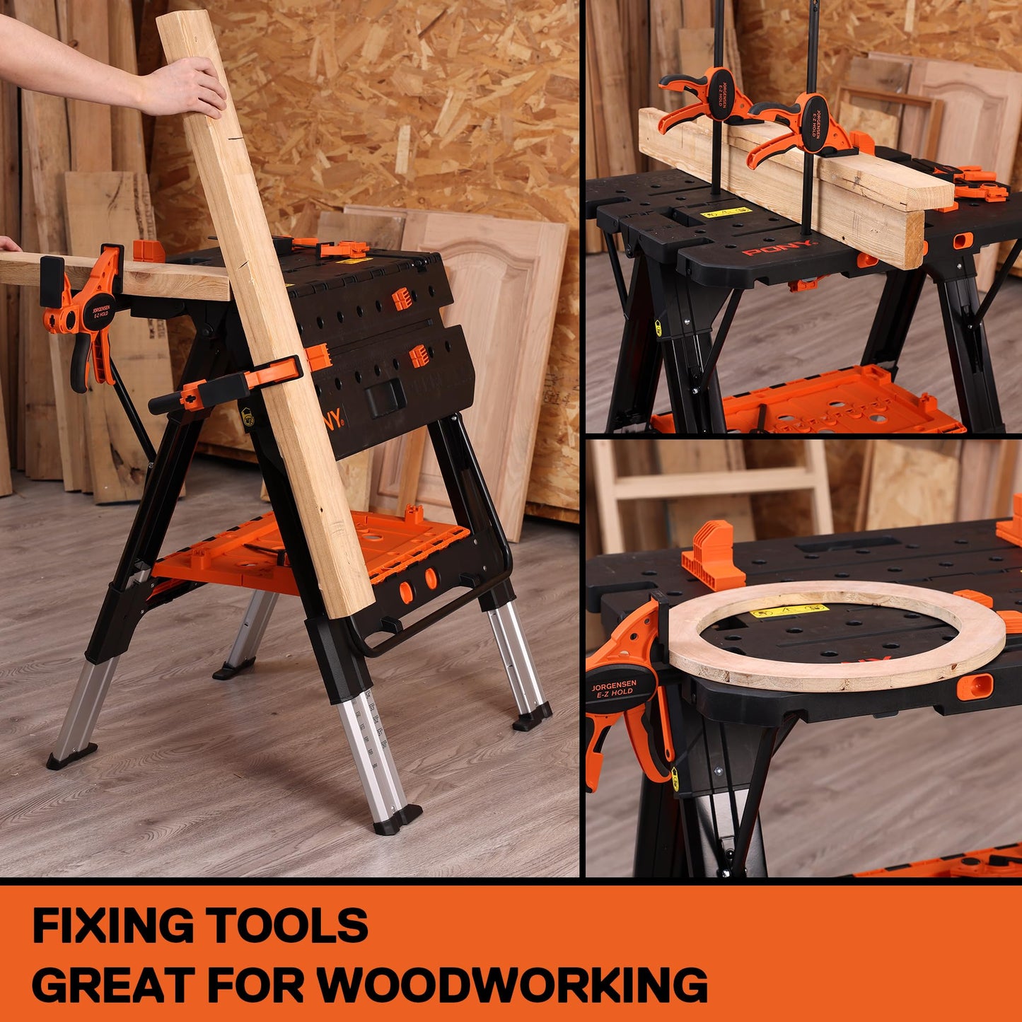 - PONY 2-in-1 Folding Workbench | Max Weight 227 kg | Comes With Tool Tray, 79 x 89 x 63.5 cm -