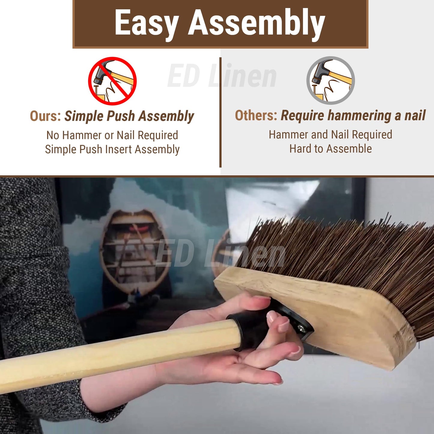 10” Outdoor Garden Broom with Wooden Handle Natural Stiff Bassine Hard Bristle Broom