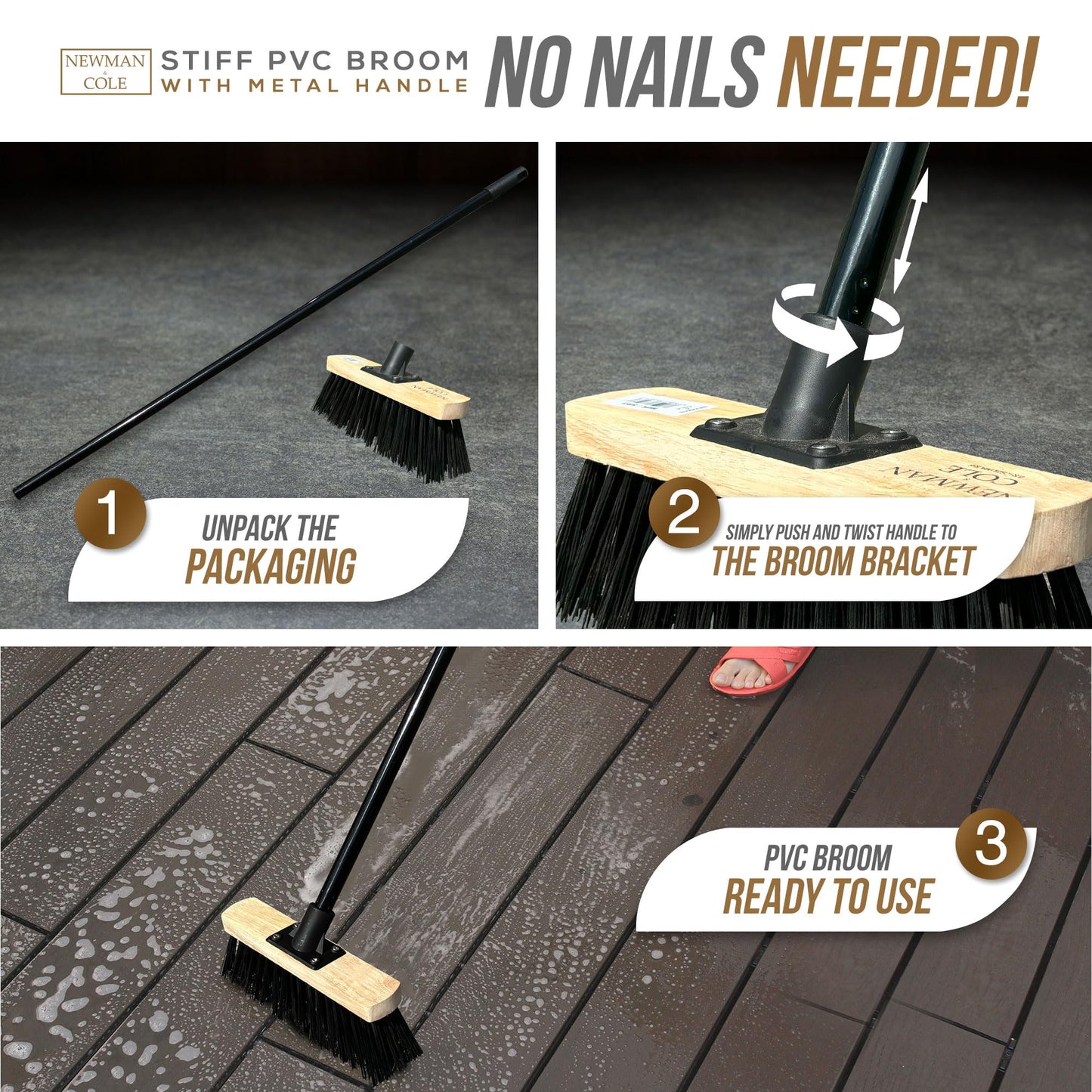 10” Stiff Broom Outdoor Garden Broom Heavy Duty with Metal Broom Handle Stiff PVC Hard Bristle Yard Brush Factory Warehouse Floors Commercial and Industrial Broom Strong PVC Brush