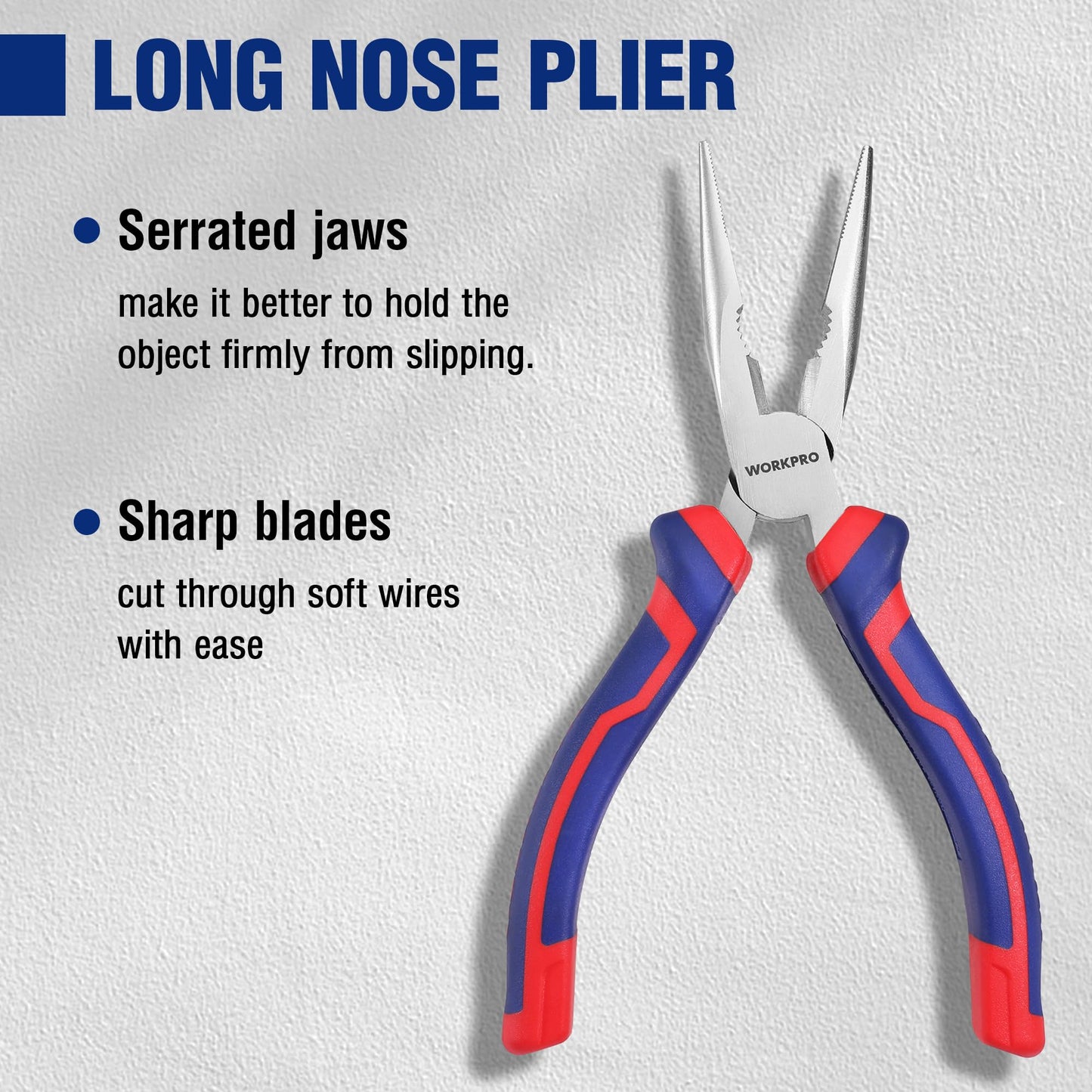 - WORKPRO 3-Piece Pliers Set, 160mm Long Nose Plier, 160mm Diagonal Cutting Plier, 180mm Combination Plier, with Soft Handles