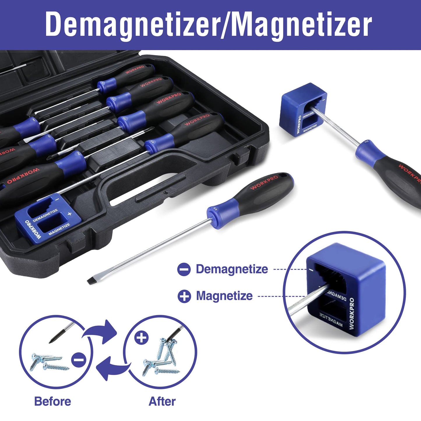 - WORKPRO Magnetic Screwdriver Set 16 Pcs with Case, Including Precision Screwdrivers, Universal Screwdriver and Magnetizer, with 4 Head Shapes(Flat/Phillips/Pozidriv/Torx)