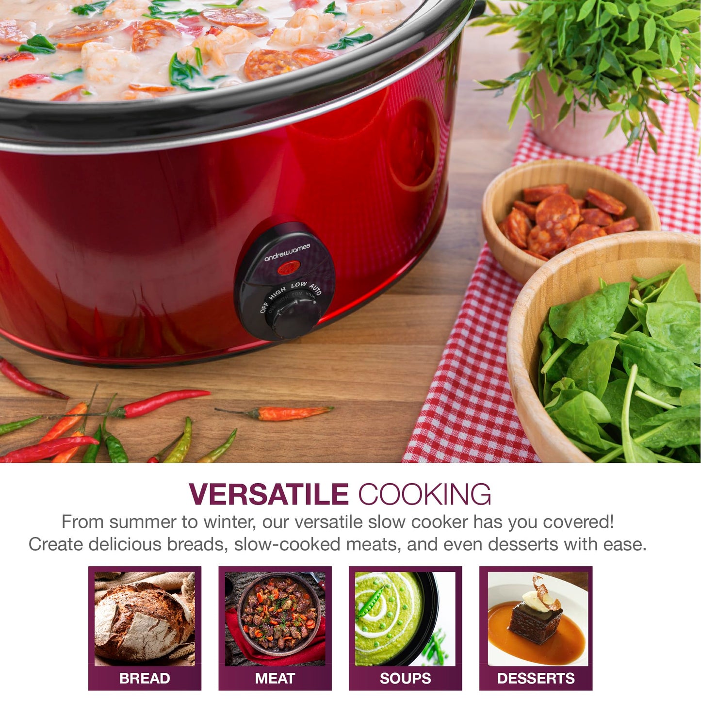 Andrew James Slow Cooker, Removeable Easy Clean Ceramic Bowl, 3 Temperature Settings, Energy Efficient, Tempered Glass Lid, Cool Touch Handles & Non-Slip Feet (Red, 8L)