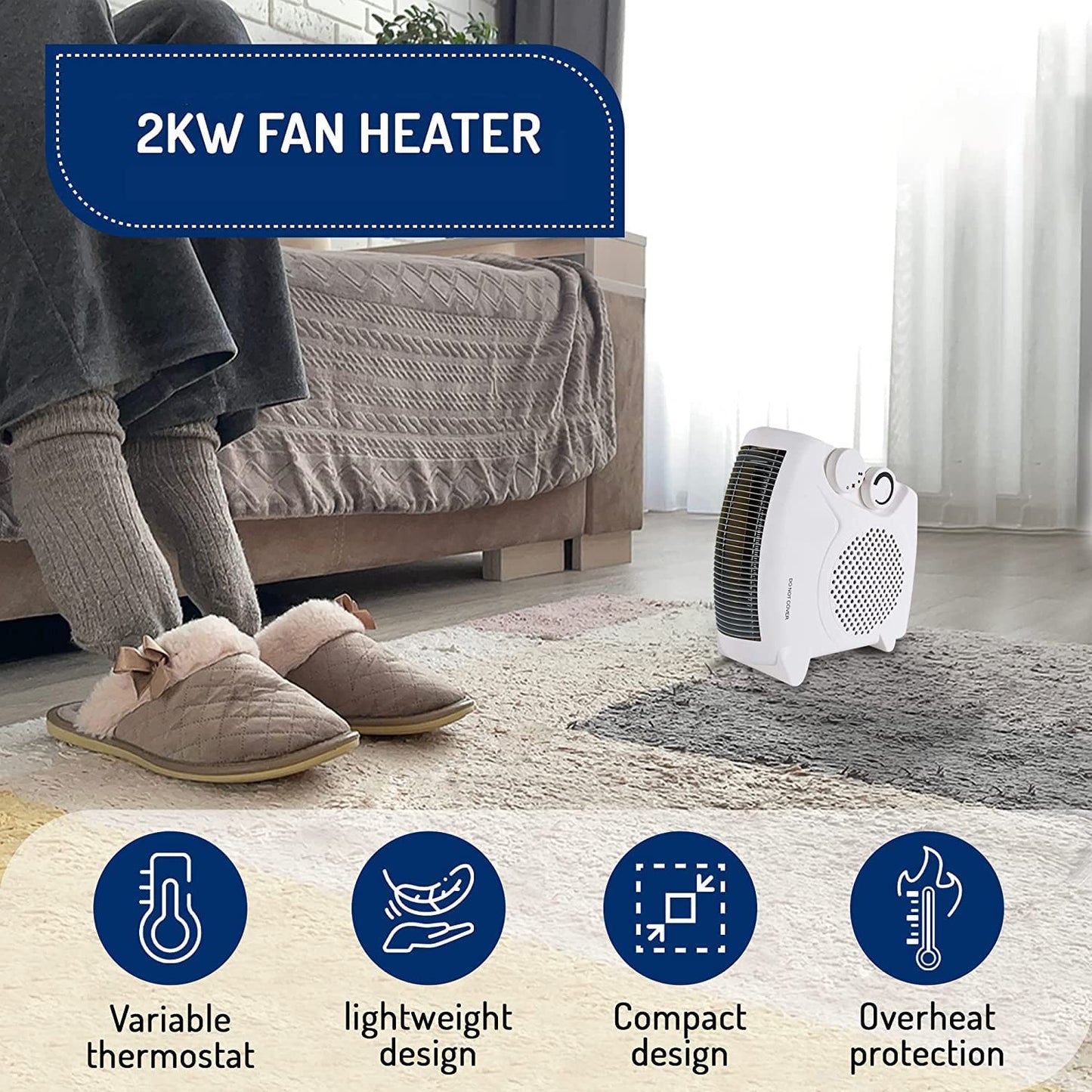 CUQOO Powerful 2KW Fan Heater with 2 Heat settings & Cool Function ā Upright Electric Quiet Space Heater for Home with Variable Thermostat | Low Energy Usage |Perfect Electric Room Heater