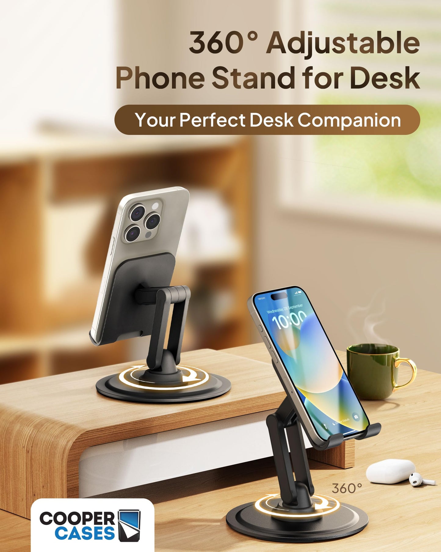 Cooper 360° Stand - Adjustable Mobile Phone Stand for Desk | 360° Click-Rotating Mobile Phone Holder for Desk, Multi-Angle, Non-Slip Metal Base | iPhone Stand Desk, iPhone Holder Filming (Piano Black)