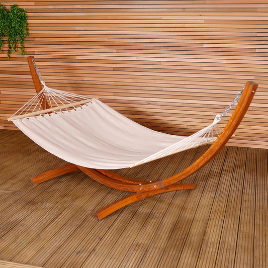 CHARLES BENTLEY Large 3M Hammock, With Larch Wooden Arc Stand, For One Person, Adjustable Hammock Height, In Cream, Free Standing, No Tree, Canvas Fabric, Swing Seat, Cotton, Polyester (310x129x120cm)