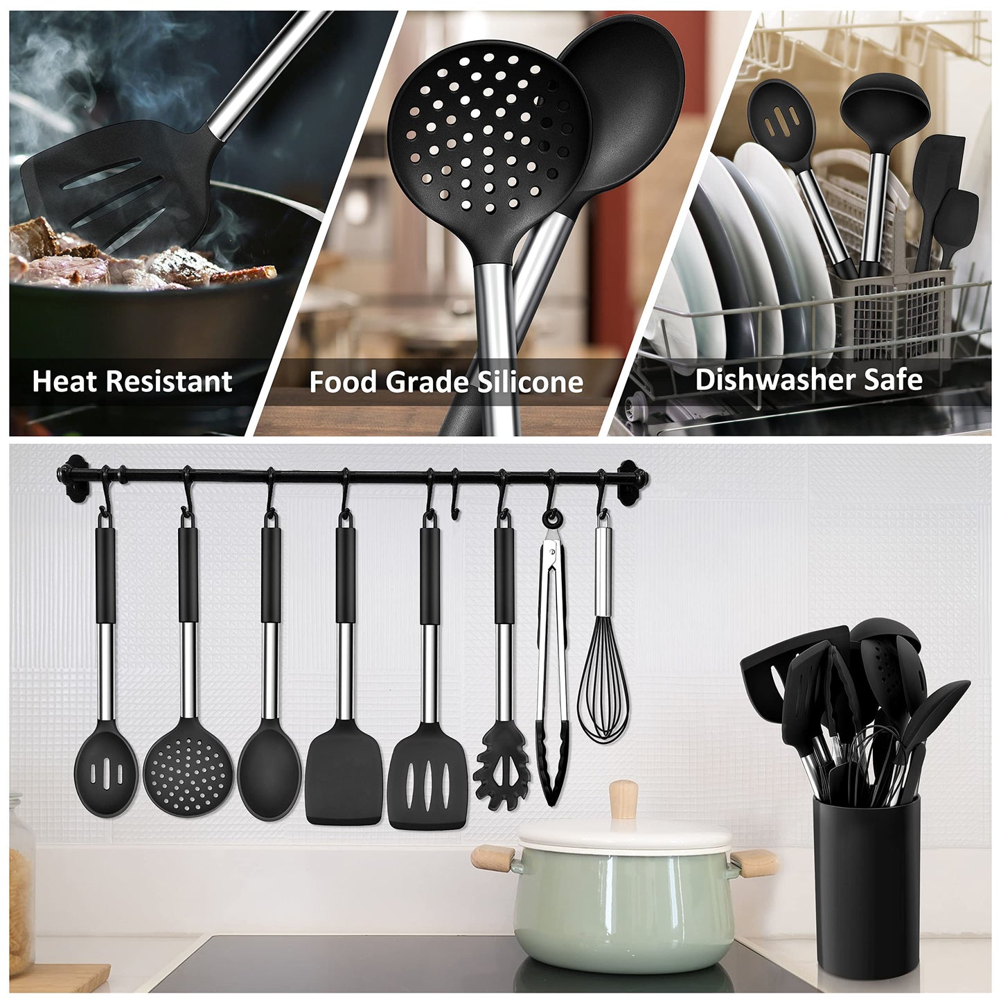 - Kitchen Utensils Set | Herogo 15 Pcs Silicone Cooking Utensils with Holder | Non Stick & Heat Resistant Cooking Tools -