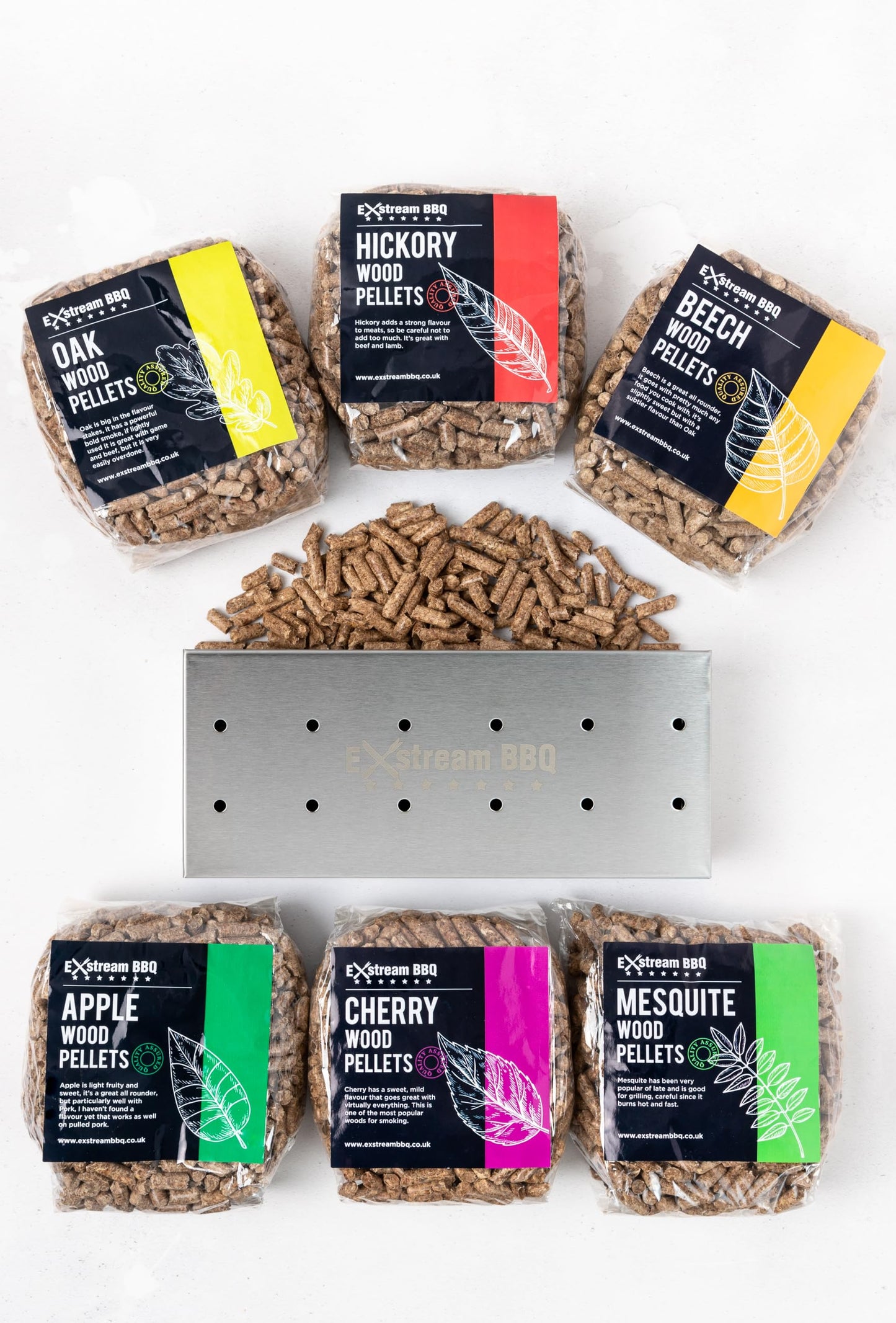 - Exstream BBQ Wood Pellet Selection Box | Apple, Cherry, Beech, Mesquite, Oak, Hickory -