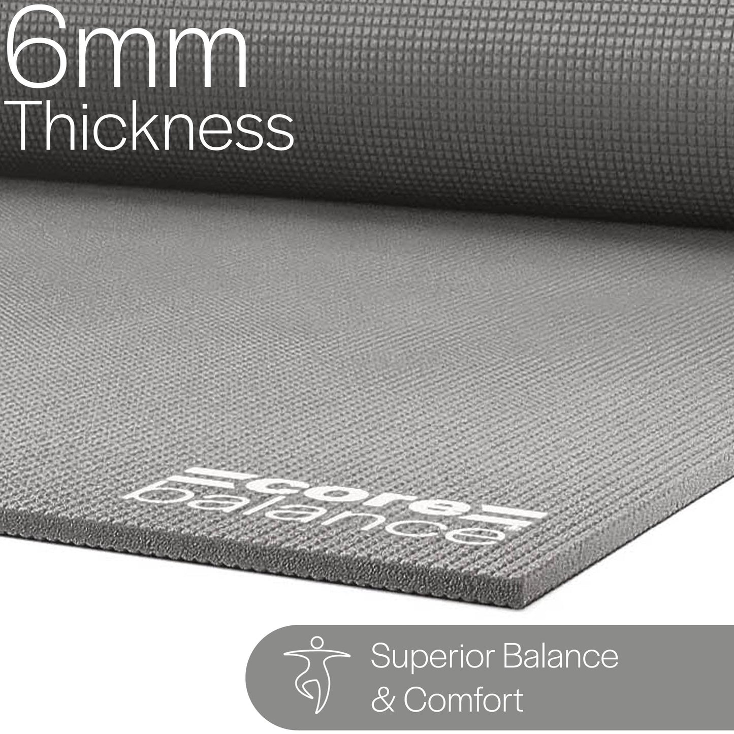 Core Balance Yoga Mat With Strap 6mm Thick Non Slip Foam For Home Exercise (Grey)