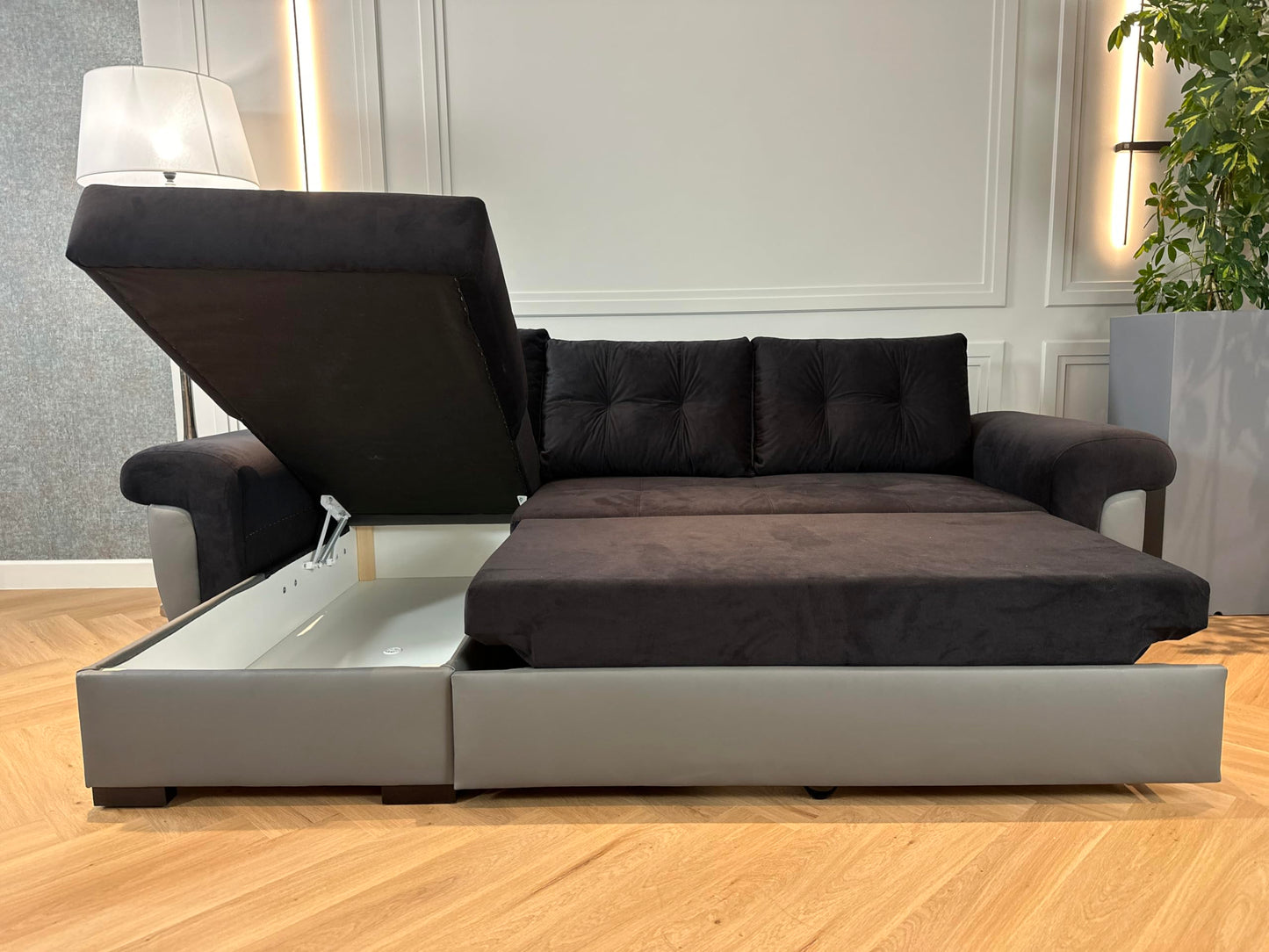 Corner Sofa bed with Storage Black Fabric Grey Leather