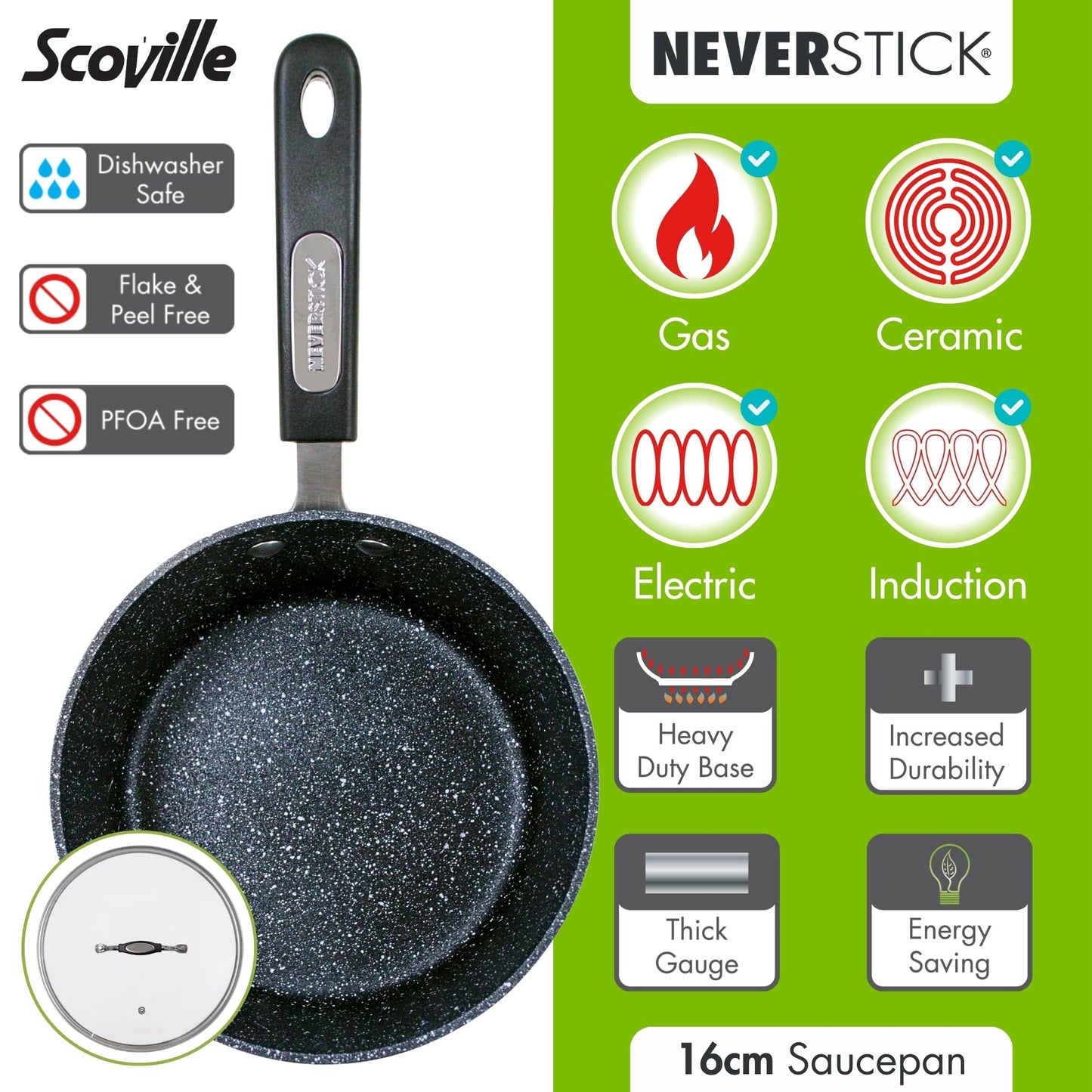 - Scoville NEVERSTICK 16cm Saucepan with Lid | Small Non-Stick Saucepan | 1.1L Capacity | Easy to Grip Handle | Dishwasher Safe | Black -