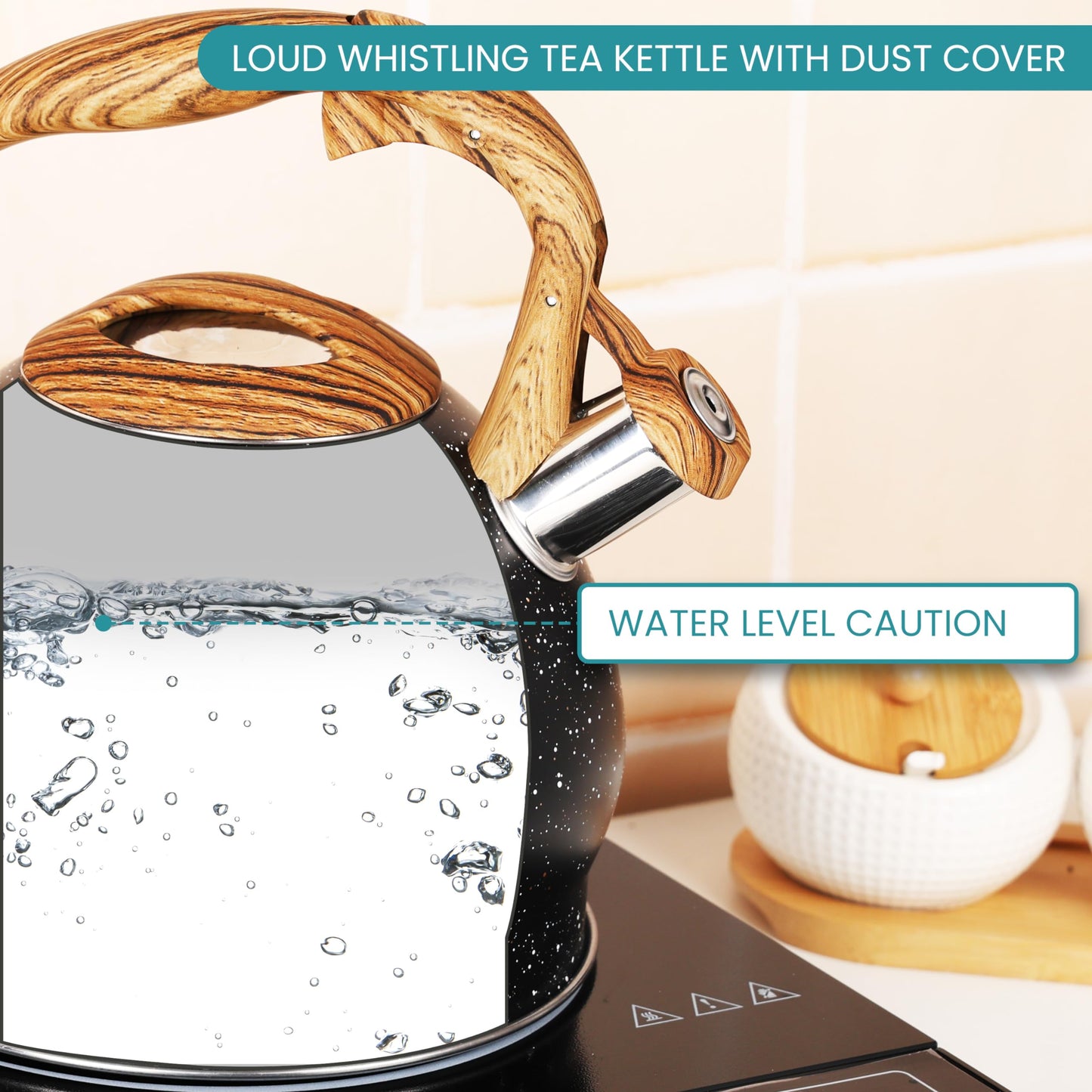 Belle Vous Black Texture Whistling Tea Kettle - 3L Tea Pot for Stovetop/Induction Hob - Stainless Steel Hot Water Camping Kettle Teapot for Tea/Coffee