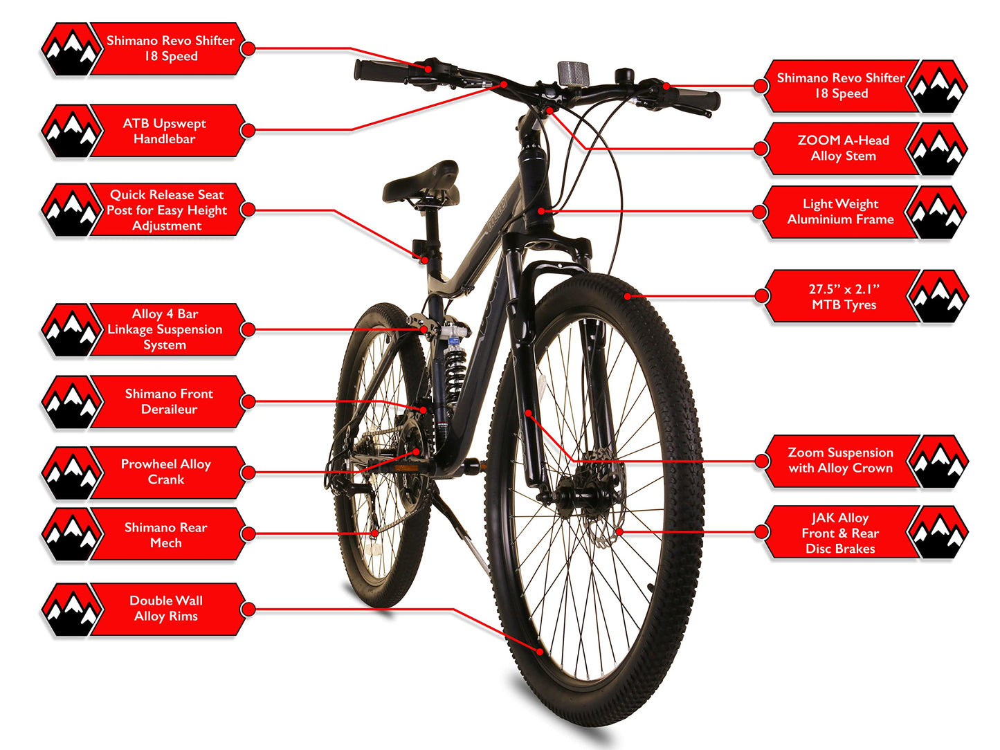 Bounty Full Suspension Mountain Bike - 18 Speed Shimano Gearing, Zoom Suspension Forks, Disc Brakes, Light Alloy Rims - Bikes for Men