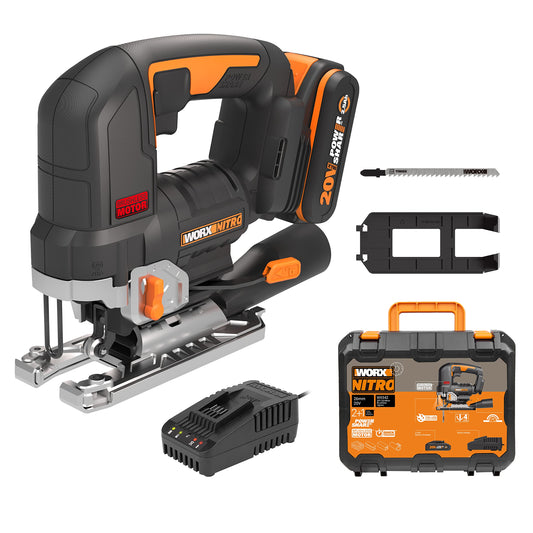 - WORX Nitro 18V(20V Max) Cordless Brushless Jigsaw WX542 Jig Saw, 3500spm, Maximum in Wood 120mm/steel 10mm, 26 mm Stroke Length, 45 °Bevel Capacity, PowerShare, 1 * 2.5Ah Battery & 1 * 2A Charger