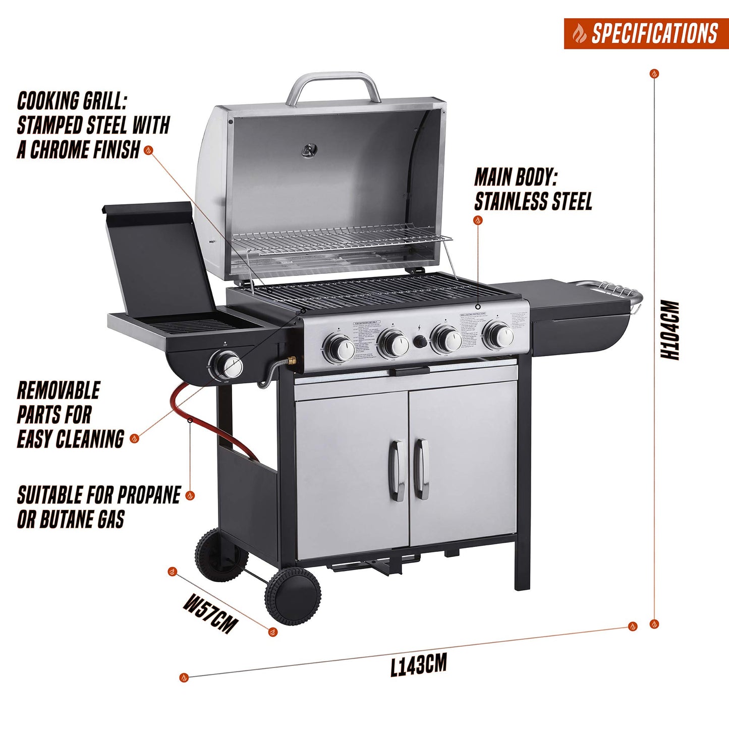 Blazebox Gas BBQ Grill 4 + 1 Side Burner & Warming Racks, 4 Dial Temperature Control, Multi Cook System, Stainless Steel Finish (Gas Burner BBQ)