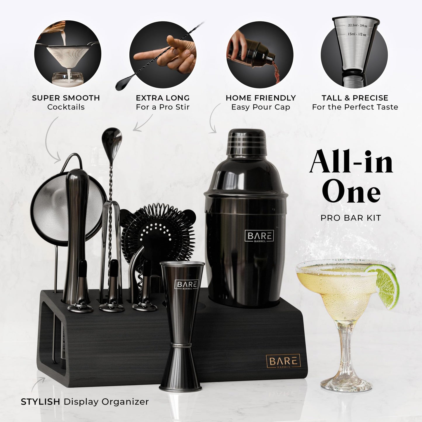 BARE BARREL® Cocktail Making Kit | 14-Piece Bartender Kit Cocktail Shaker Set Maker | Bamboo Display Stand & 35 Recipe Cards | Mixology Cocktail Gift Set (675ml/24oz Cobbler Shaker, Jet Black)