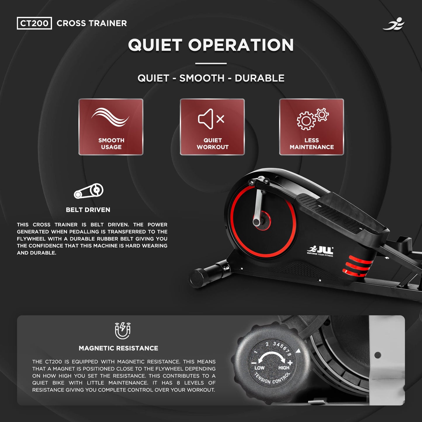 - JLL CT200 Home Elliptical Cross Trainer | 2024 Model | 8 Level Magnetic Resistance | Cardio Workout, Advanced Momentum Mechanism to resemble 10kg | Console Display with Heart Rate Sensor -