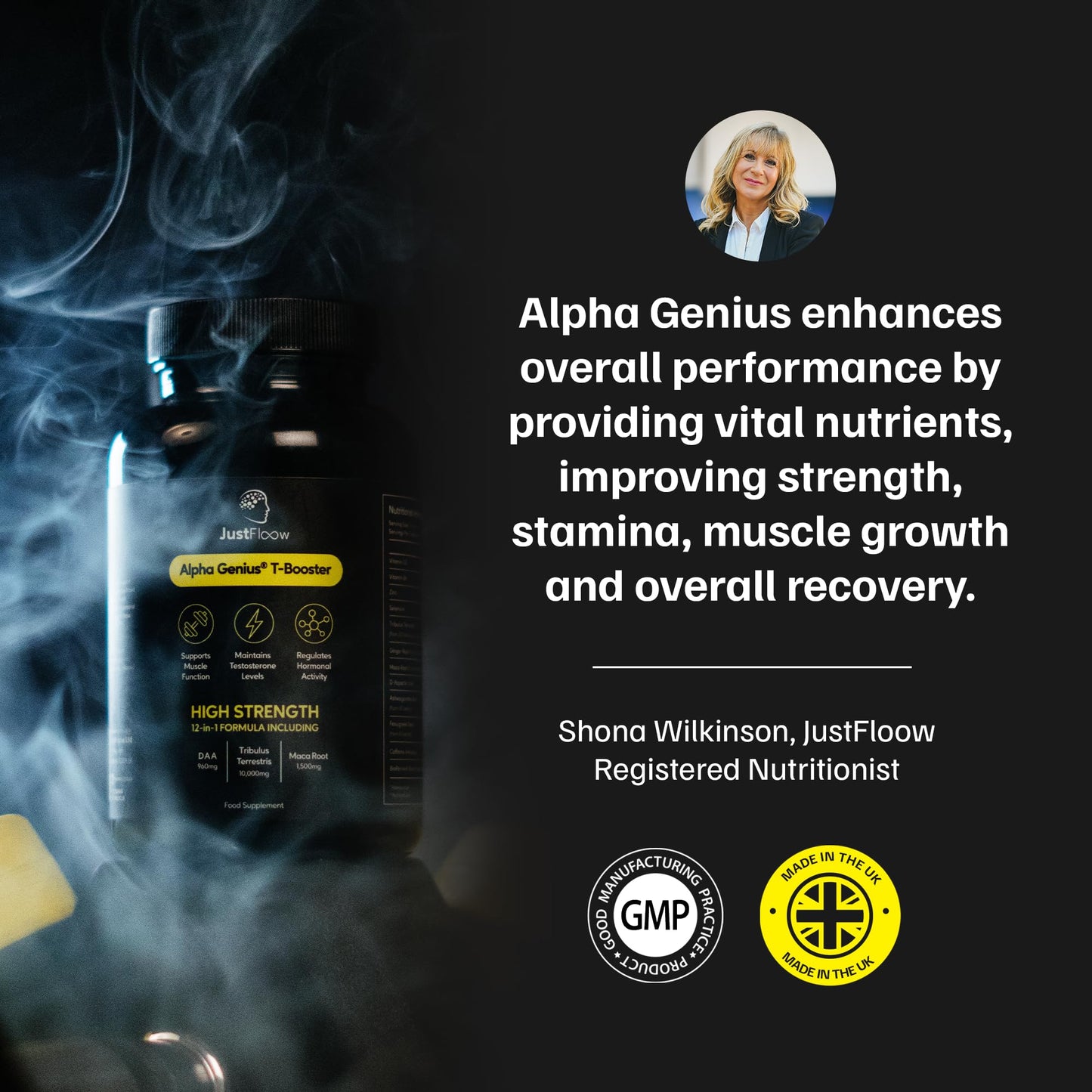 - JustFloow Alpha Genius® Testosterone Supplements | Improve Recovery | Energy Levels & Muscle Function -