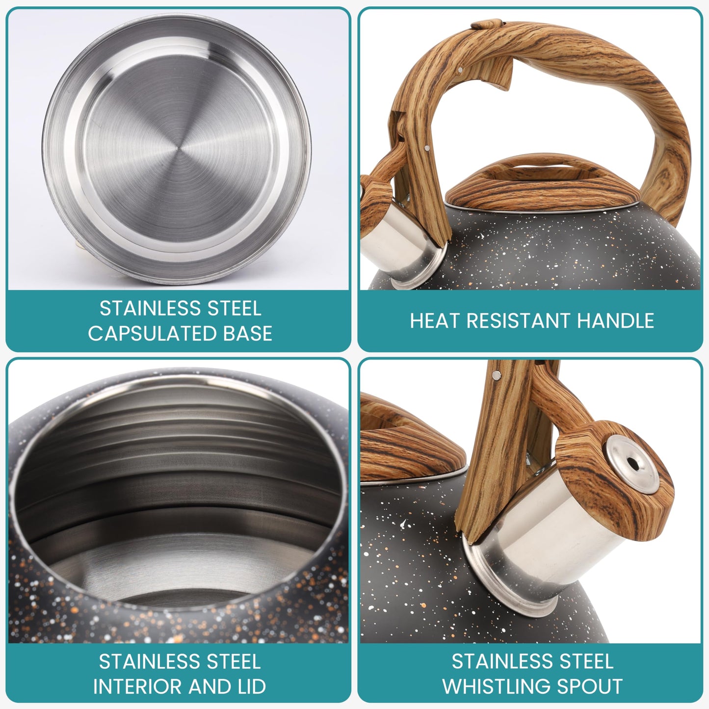 Belle Vous Black Texture Whistling Tea Kettle - 3L Tea Pot for Stovetop/Induction Hob - Stainless Steel Hot Water Camping Kettle Teapot for Tea/Coffee